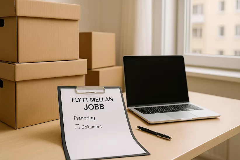 Flyttlådor bredvid laptop och jobbdokument – symboliserar flytt mellan två jobb med fokus på effektiv planering för bostadsbyte och karriärskifte