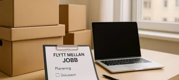 Flyttlådor bredvid laptop och jobbdokument – symboliserar flytt mellan två jobb med fokus på effektiv planering för bostadsbyte och karriärskifte